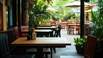 Outdoor seating area of a South Asian restaurant, no people, with plenty of room for copy space.