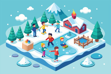 Kids are joyfully playing in the snow, building snowmen and skating, while surrounded by pine trees and a charming cabin.