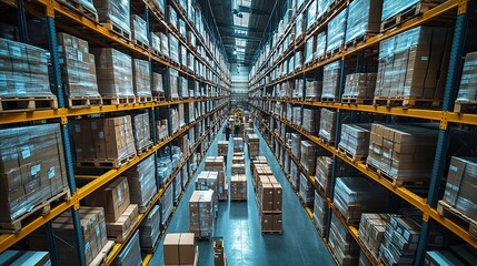 Fototapeta premium top view of group of workers with manager working indoors in warehouse coronavirus concept