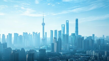 Obraz premium The skyline of a modern Chinese city with cell towers and skyscrapers, leaving room for copy space.