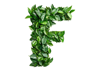 Botanical Letter F with Green Leaves and Foliage, Nature-Inspired Typography and Eco-Friendly Design on Transparent Background, Perfect for Environmental Themes