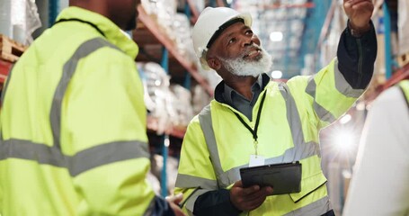 Logistics, team and supervisor with tablet in warehouse for inspection training, service delivery or inventory management. Distribution, mature man and staff meeting for stock control or instructions