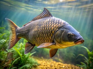 Fototapeta premium A chunky carp fish makes its way through the unclear water, its scales and fins visible as it