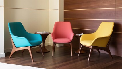 Obraz premium A warmly lit modern wooden office corner with a rich walnut finish, colorful accent chairs