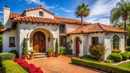 Fototapeta premium A classic Spanish abode flaunts textured stucco siding, radiant red tile roofing, and a dramatic arched doorway,