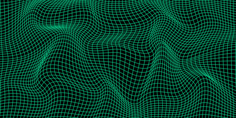 Abstract green wavy 3d mesh on dark background. Geometric dynamic wave. 3D technology wireframe. Vector illustration.
