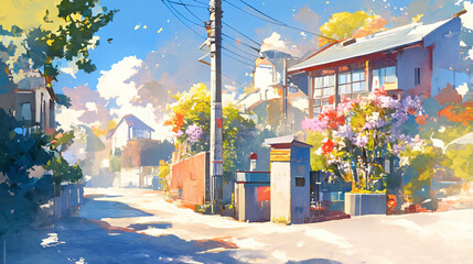 Obraz premium 街角の春：花々と光が満ちる日常風景