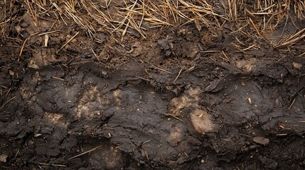 Close-up of peat texture with visible soil layers and organic matter. Agriculture structure.