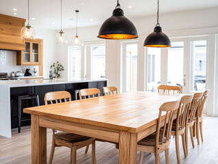 Spacious dining area featuring a wooden table and stylish pendant lights in a modern home during daylight hours