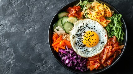 Top view of a Korean bibimbap bowl with egg and vegetables, leaving room for copy space.