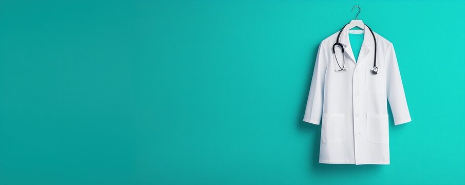 A white doctor's coat hanging on a hanger against a vibrant turquoise background, symbolizing healthcare, professionalism, and medical practice.