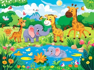 Naklejka premium Cute Cartoon Animals in a Jungle Illustration