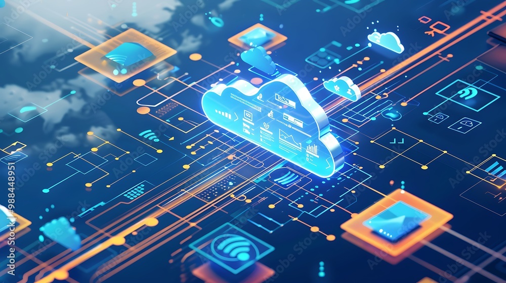 Poster 3d illustration of a cloud computing network with various data icons representing the global connect