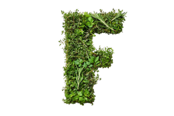 Botanical Letter F with Green Leaves and Foliage, Nature-Inspired Typography and Eco-Friendly Design on Transparent Background, Perfect for Environmental Themes