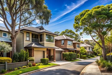 Obraz premium A Contemporary Australian house sits quietly on a residential street, where its understated style is enhanced by the
