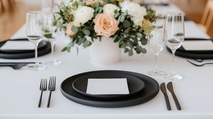 Fototapeta premium Elegant dining table set with a black plate, cutlery, and a floral centerpiece, creating a beautiful atmosphere for an event or special occasion.