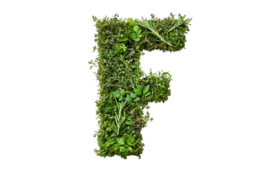 Botanical Letter F with Green Leaves and Foliage, Nature-Inspired Typography and Eco-Friendly Design on Transparent Background, Perfect for Environmental Themes