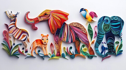 Beautiful papercut quilling paper filigree zoo animals. animals. Illustrations