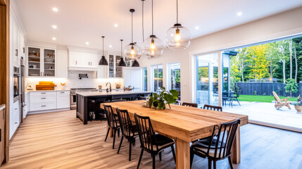 Modern kitchen and dining area with wooden table and open patio, showcasing natural light and contemporary design