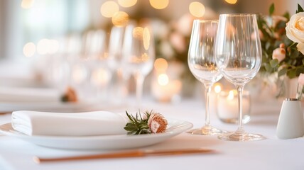 Elegant dining table setting with wine glasses, plates, and decorative flowers, creating a warm and inviting atmosphere for a special occasion.