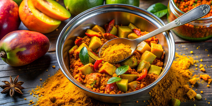 Vibrant Indian pickle masala being mixed with mangoes for fermentation, Indian, pickle, masala, blending, mangoes