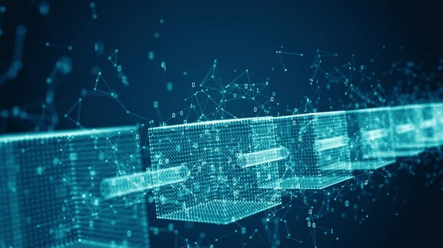 Abstract 3D blockchain network visual with interconnected digital blocks, representing secure data transactions, decentralized systems, Cryptographic technology, Modern business technology concept