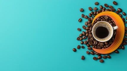 Aromatic Coffee Beans and Flavorful Swirls Pouring into Cup - Artistic Concept with Copy Space