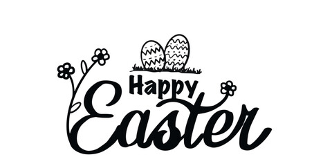 vector text happy easter with flowers and easter eggs