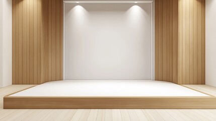 stage convention room decorate with wood and spotlights shine on white wall, blank room idea for mock up design