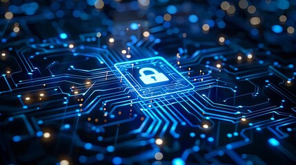 Digital padlock is displayed on a circuit board, showcasing the importance of digital security in the modern world.
