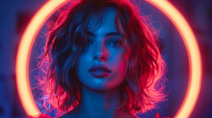 Fototapeta premium A young woman poses, bathed in the ethereal glow of a ring light, accentuating her striking features and gaze.