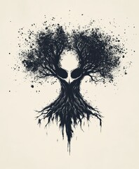 A black and white illustration of a tree with a face in the trunk and roots spreading out at the bottom. The tree is surrounded by black splatters.