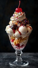 A towering ice cream sundae in a glass bowl, featuring multiple scoops of ice cream
