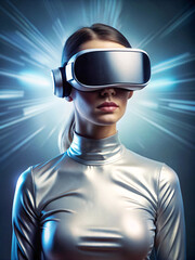 woman wearing a futuristic virtual reality headset