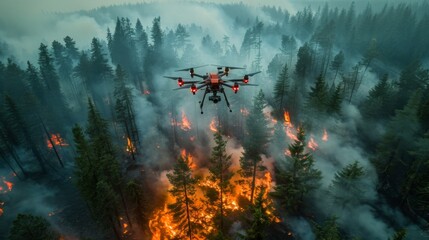 Fototapeta premium Dart drone soaring over devastating forest fire at dusk
