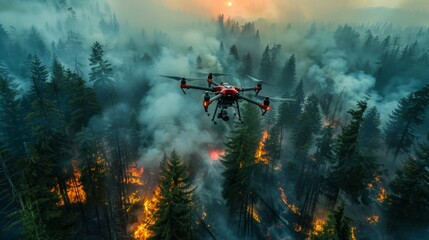 Naklejka premium Dart drone soaring over devastating forest fire at dusk