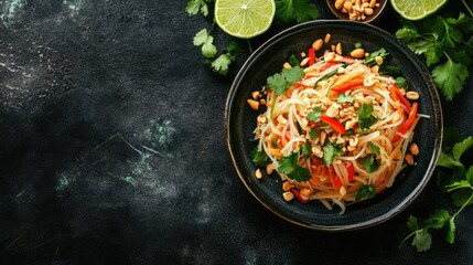 Top view of a traditional Thai papaya salad with peanuts and lime, leaving room for copy space.