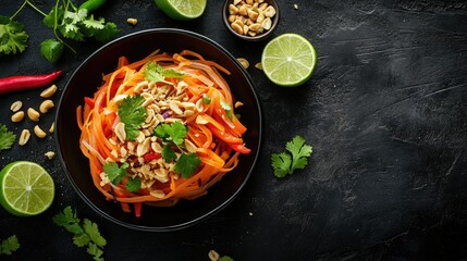 Top view of a traditional Thai papaya salad with peanuts and lime, leaving room for copy space.