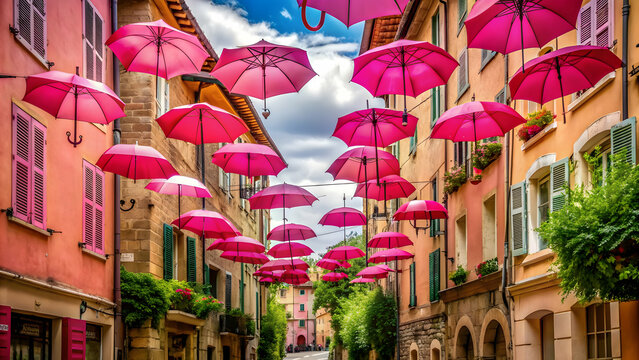 Fototapeta Pink umbrellas hanging over a picturesque street in Grasse, France, Grasse, France, pink, umbrellas, street, colorful, vibrant