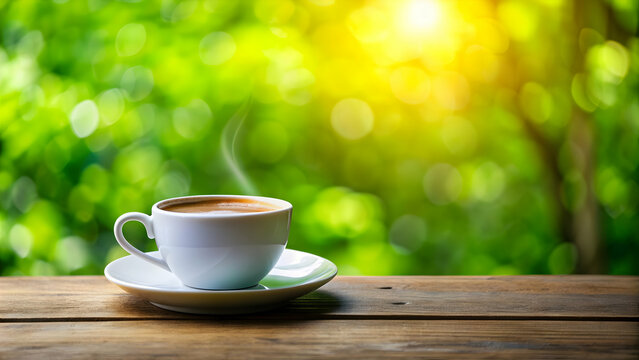 A cup of coffee with a beautiful green background, coffee, cup, drink, green, background, fresh, morning, beverage, breakfast, caffeine