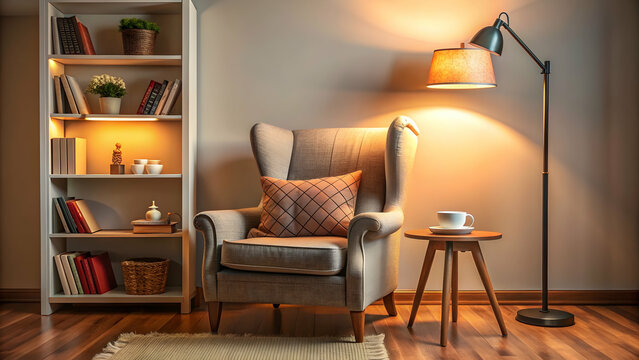 Cozy reading nook with armchair, lamp, books, and tea , comfortable, relaxation, cozy, reading, nook, armchair, lamp