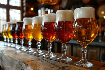 glasses, each containing a different type of beer, are lined up on a wooden bar counter, showcasing a variety of colors and foamy heads.