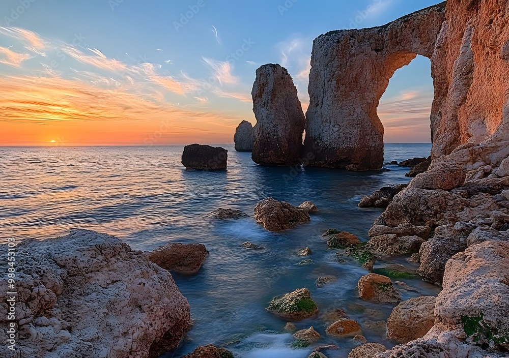 Wall mural Sea Arch Rock Formation at Sunset