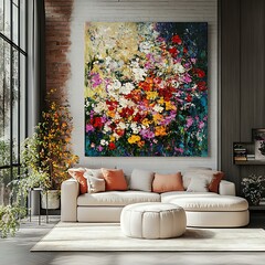 Abstract Painting of Colorful Flowers on Canvas