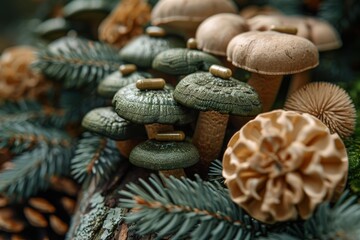 Shiitake mushrooms arranged next to natural herbal supplement capsules, illustrating a concept of alternative medicine.