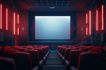 Obraz premium Modern cinema hall interior with blank screen and red seats