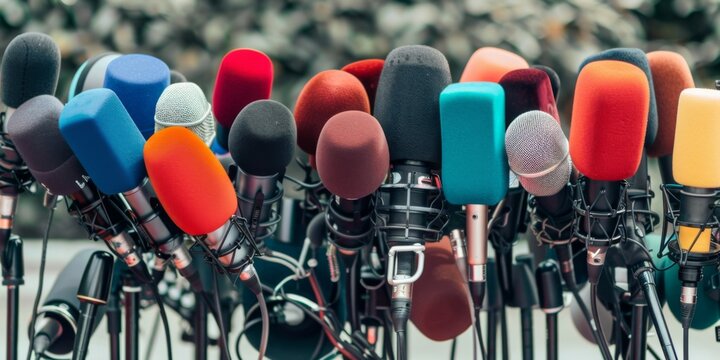 A podium set for a press briefing garnished with an assortment of broadcast microphones.