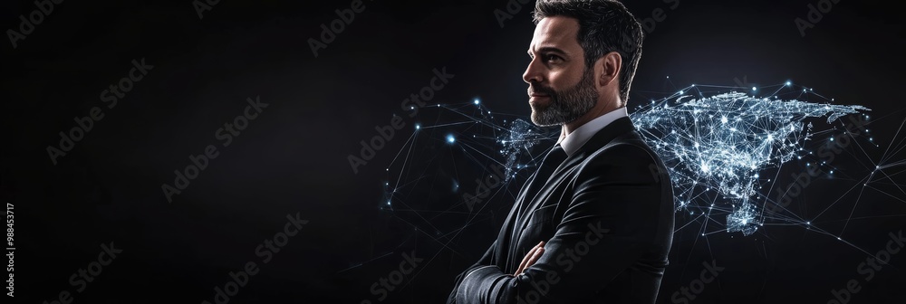 Poster profile of a businessman standing with arms crossed in front of a digital world map. technology lead