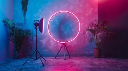 Professional ring light setup in vibrant studio at night