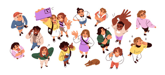 Top down view, happy people looking up. Characters heads, faces from above, overhead. Smiling men, women, friends, kid standing, watching. Flat vector illustrations set isolated on white background